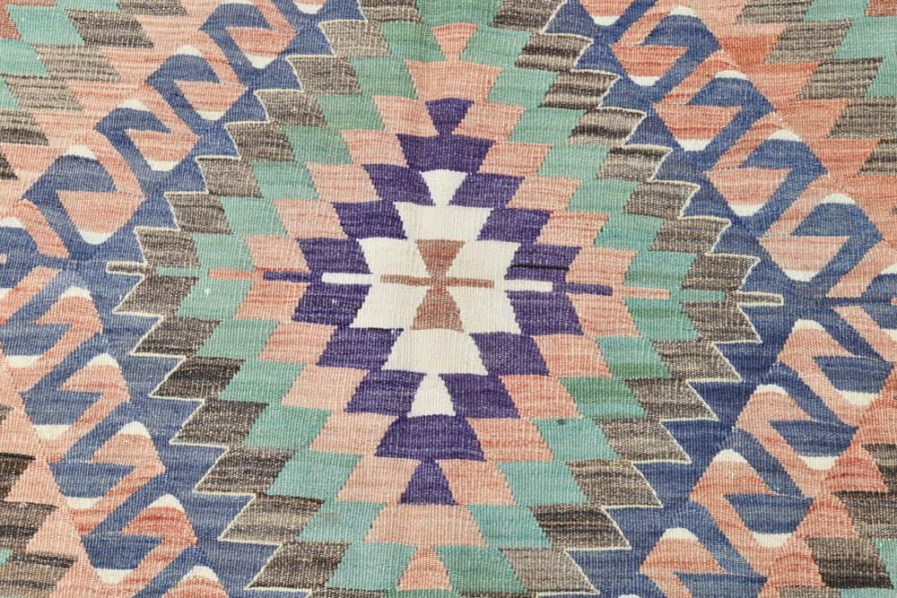 Kilim 170x340 cm, niebieski, czerwony, wełna, lata 70. - 212418