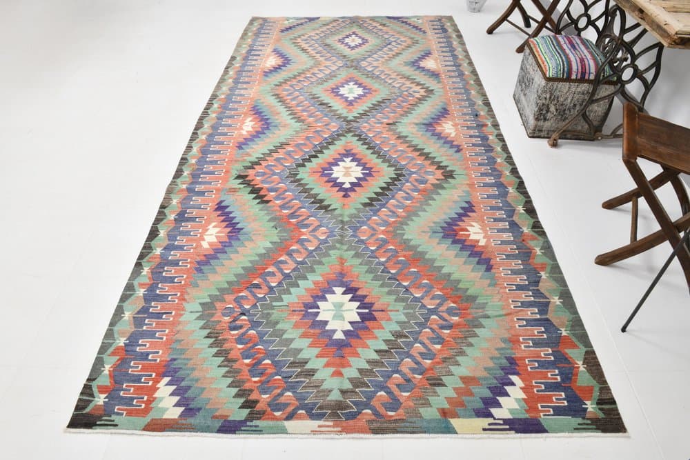 Kilim 170x340 cm, niebieski, czerwony, wełna, lata 70. - 212410