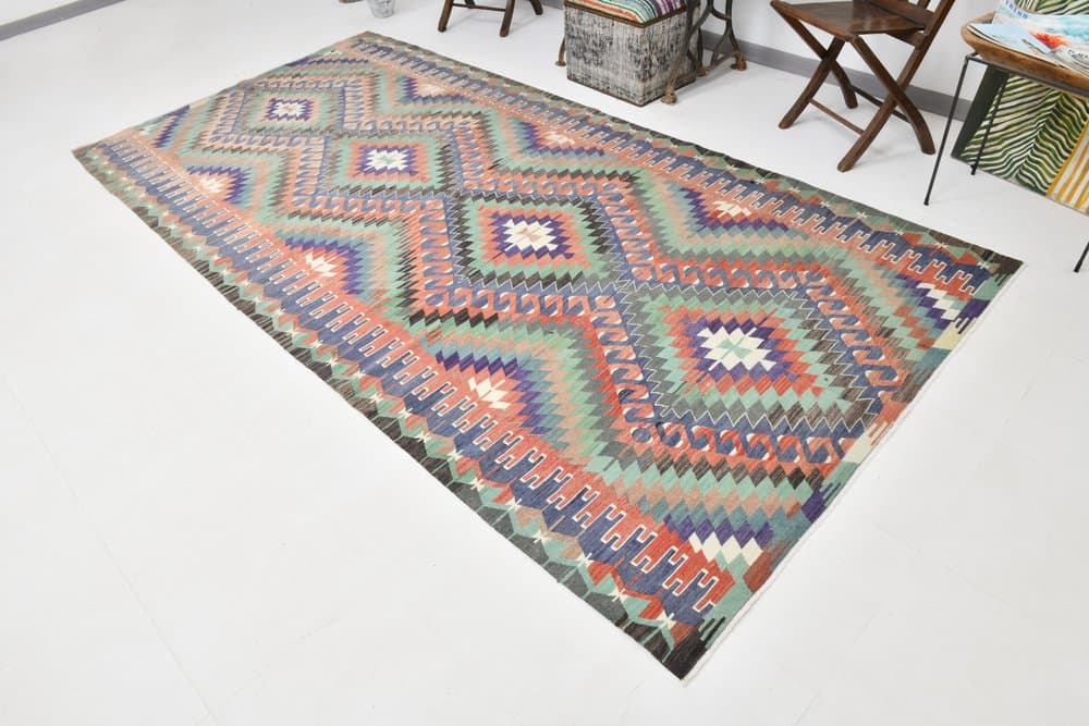 Kilim 170x340 cm, niebieski, czerwony, wełna, lata 70. - 212407