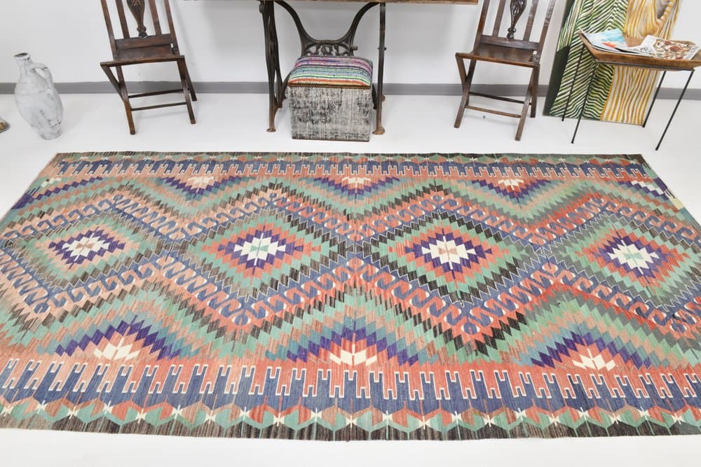 Kilim 170x340 cm, niebieski, czerwony, wełna, lata 70. - 212411