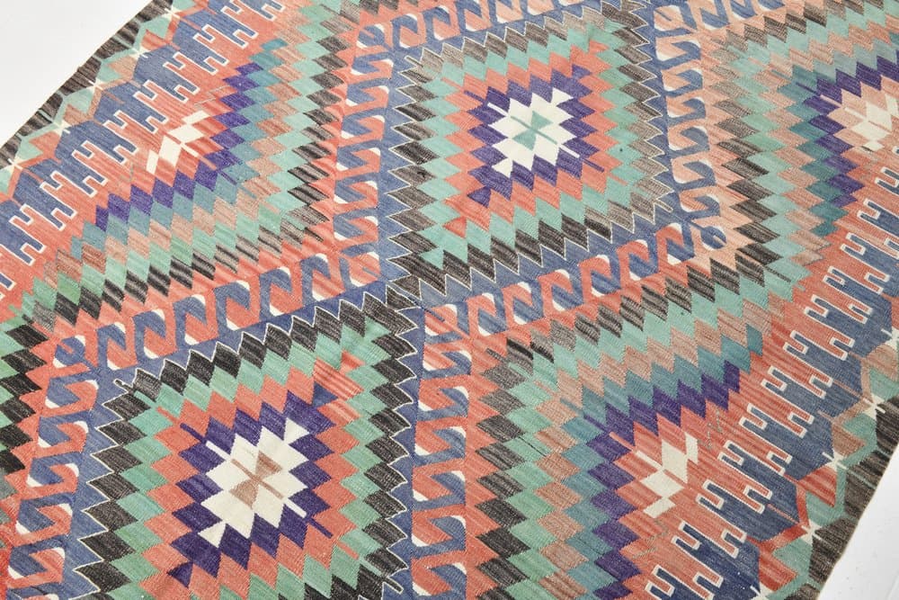 Kilim 170x340 cm, niebieski, czerwony, wełna, lata 70. - 212413
