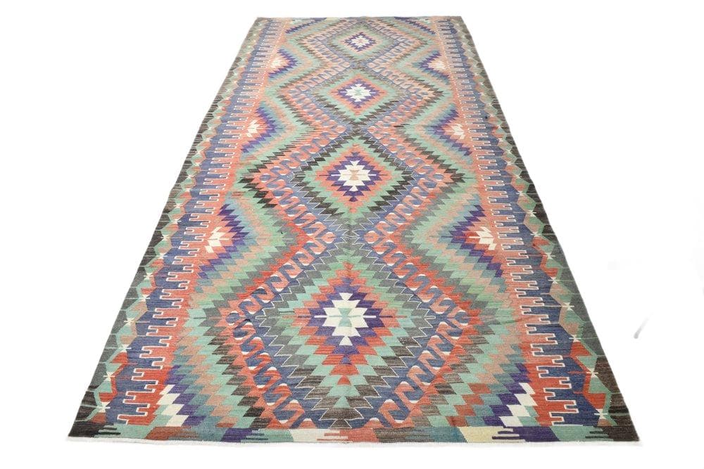 Kilim 170x340 cm, niebieski, czerwony, wełna, lata 70.