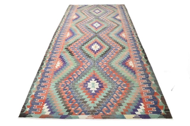 Kilim 170x340 cm, niebieski, czerwony, wełna, lata 70. - WYMIARY