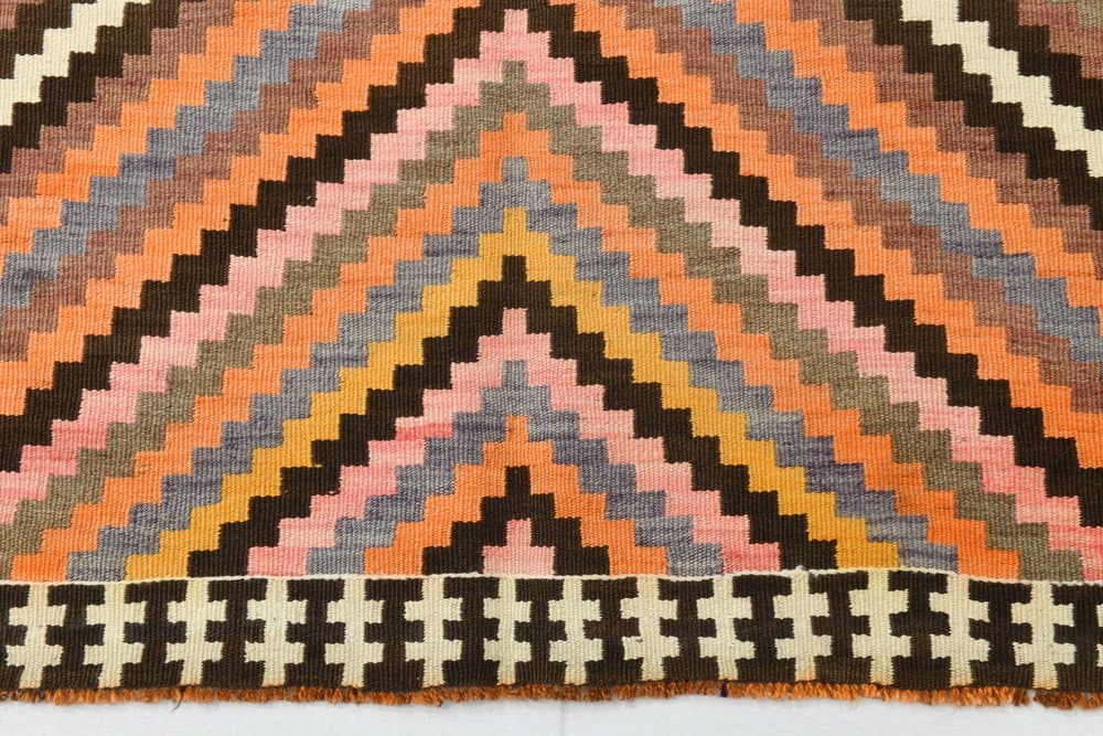 Kilim 164x413 cm, beżowy, pomarańczowy, wełna, lata 70. - 212403