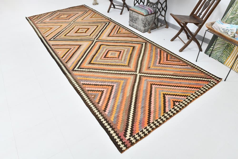 Kilim 164x413 cm, beżowy, pomarańczowy, wełna, lata 70. - 212394