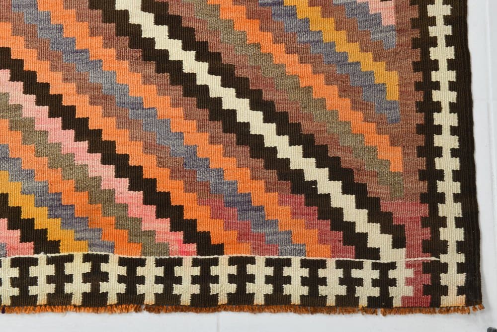 Kilim 164x413 cm, beżowy, pomarańczowy, wełna, lata 70. - 212404