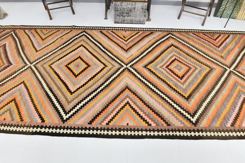 Kilim 164x413 cm, beżowy, pomarańczowy, wełna, lata 70. - 212398