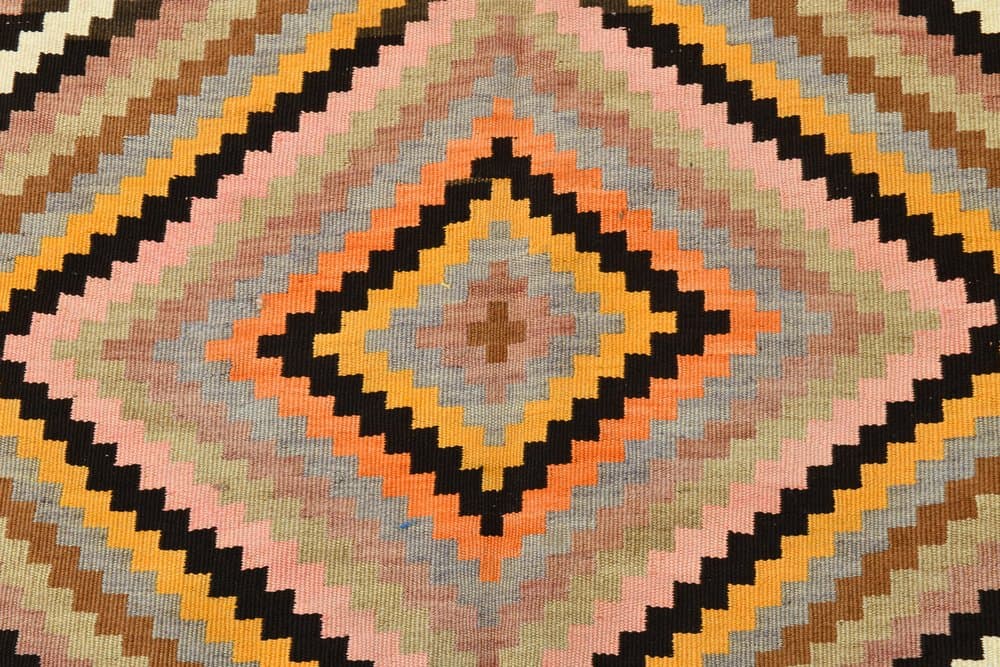 Kilim 164x413 cm, beżowy, pomarańczowy, wełna, lata 70. - 212405