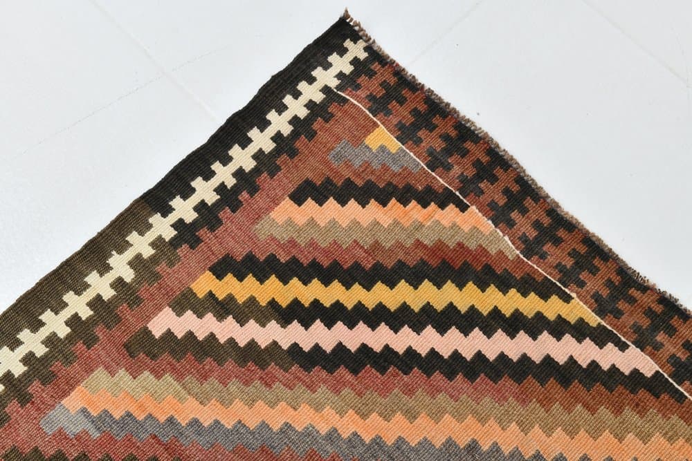 Kilim 164x413 cm, beżowy, pomarańczowy, wełna, lata 70. - 212395