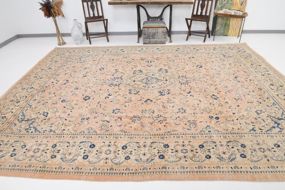 Dywan 390x295 cm, łososiowy, niebieski, wełna, Turcja, lata 60. - 212290