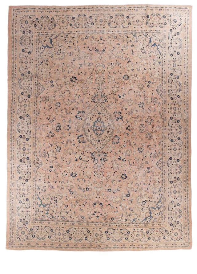 Dywan 390x295 cm, łososiowy, niebieski, wełna, Turcja, lata 60. - WYMIARY