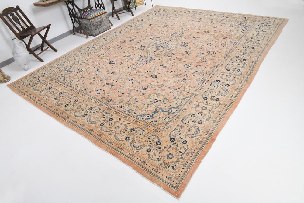 Dywan 390x295 cm, łososiowy, niebieski, wełna, Turcja, lata 60. - 212295