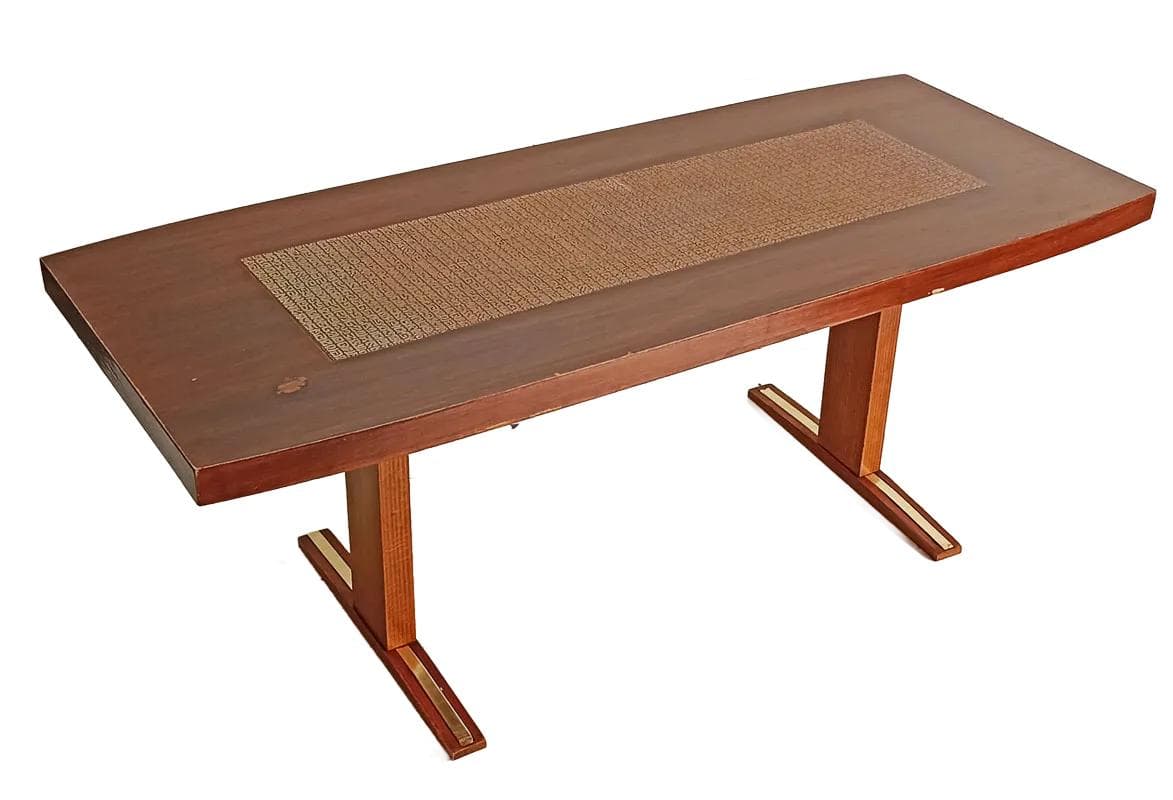 Rectangular table, brown, wood veneer copper, Poland, 1970s.