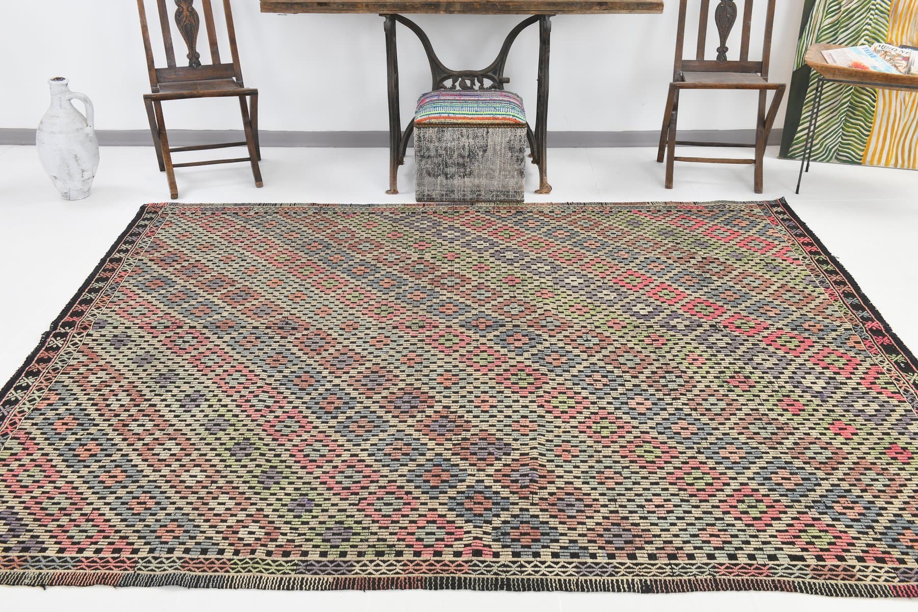 Kilim 207x262 cm, brązowy, wełna, Turcja, lata 70. - 212242
