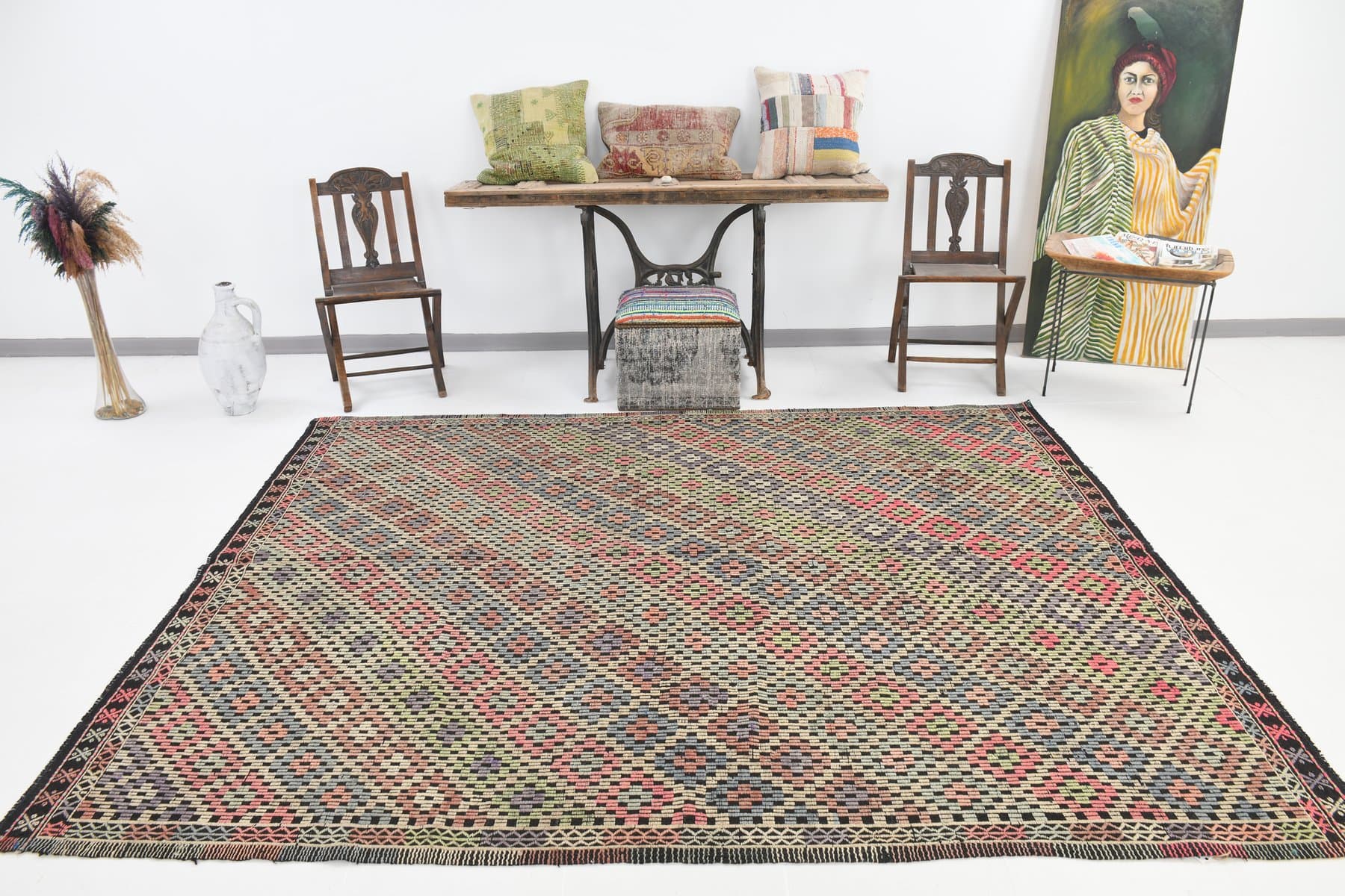 Kilim 207x262 cm, brązowy, wełna, Turcja, lata 70. - 212243