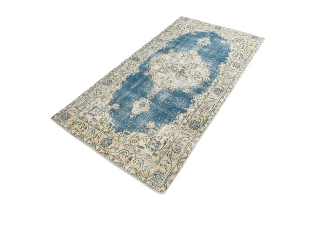 Dywan 212x112 cm, beżowy, niebieski, wełna, Turcja, lata 70.