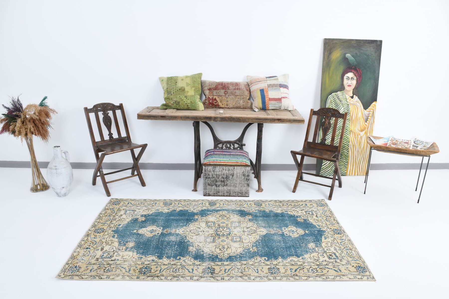 Dywan 212x112 cm, beżowy, niebieski, wełna, Turcja, lata 70. - 212166