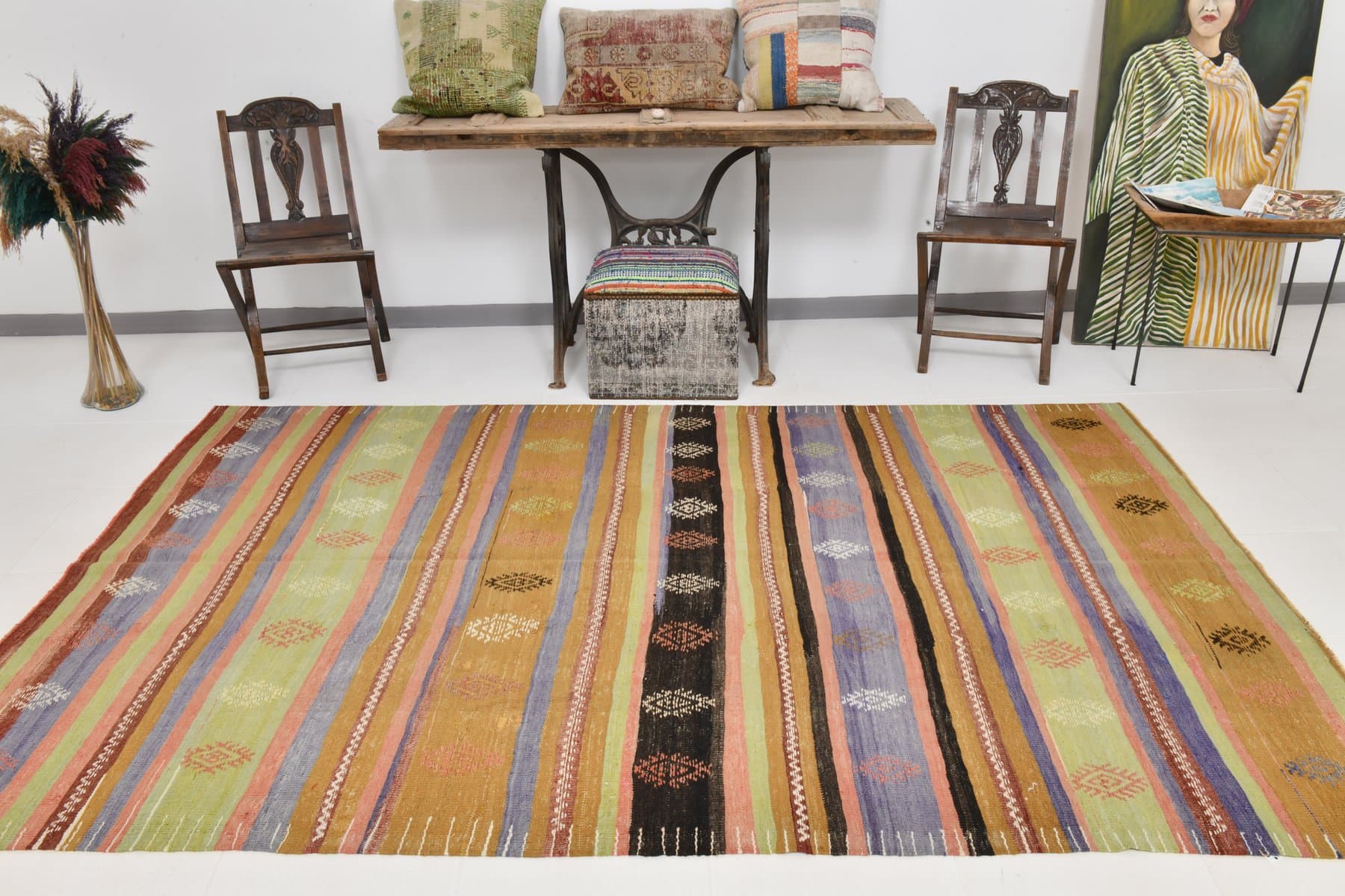 Kilim 172x281 cm, beżowy, zielony, wełna, Turcja, lata 70. - 212136