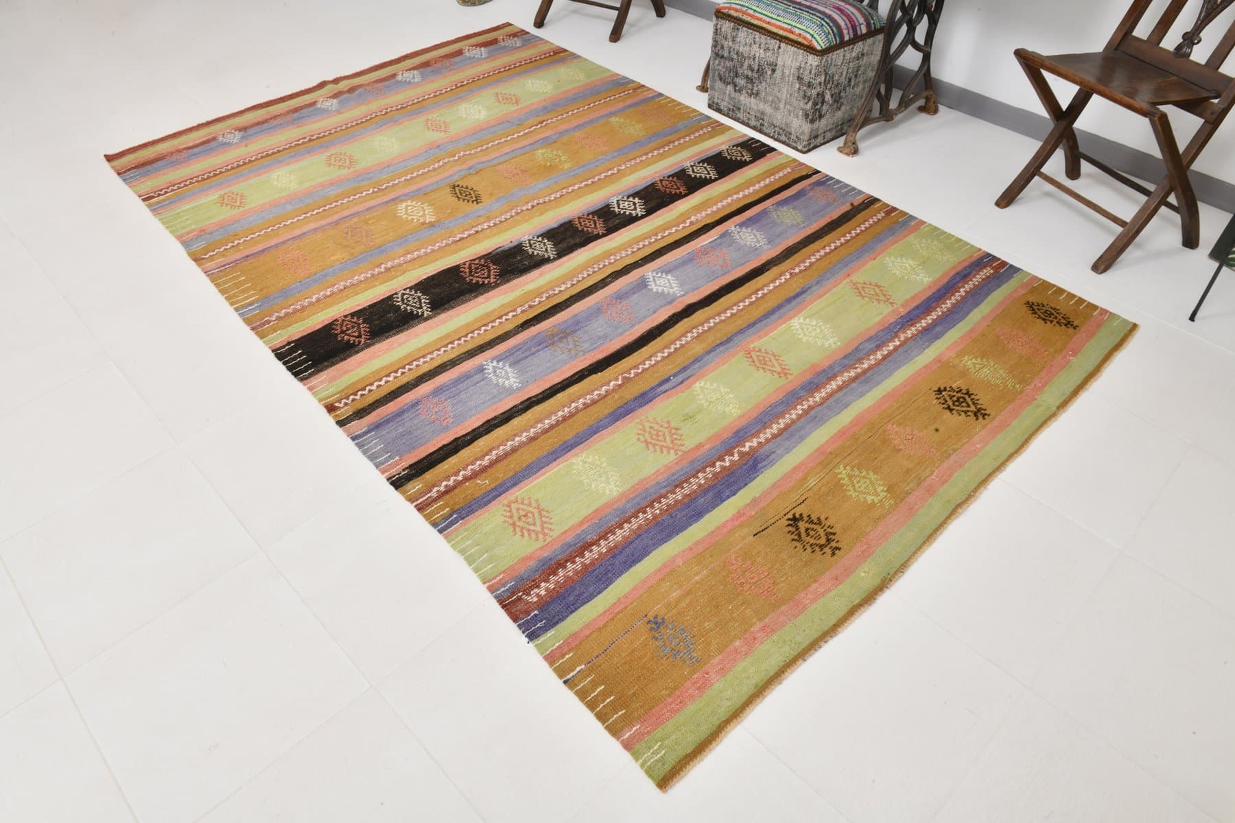 Kilim 172x281 cm, beżowy, zielony, wełna, Turcja, lata 70. - 212132