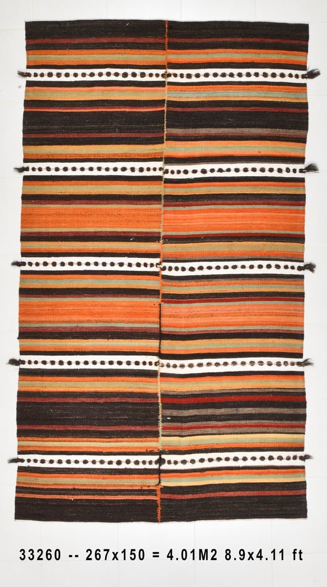 Kilim 150x267 cm, brązowy, pomarańczowy, wełna, Turcja, lata 60. - 212657