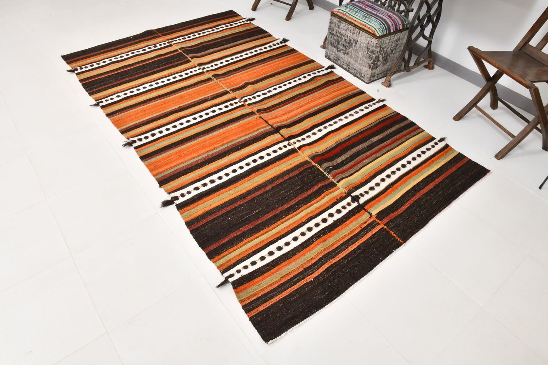 Kilim 150x267 cm, brązowy, pomarańczowy, wełna, Turcja, lata 60. - 212654