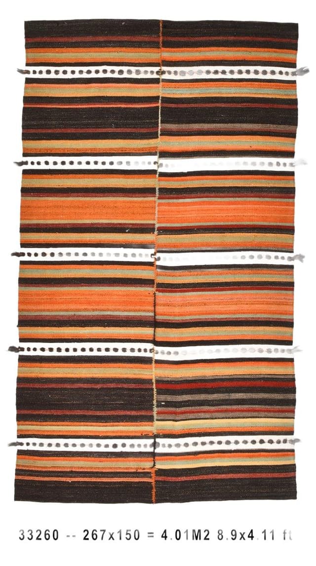 Kilim 150x267 cm, brązowy, pomarańczowy, wełna, Turcja, lata 60. - WYMIARY