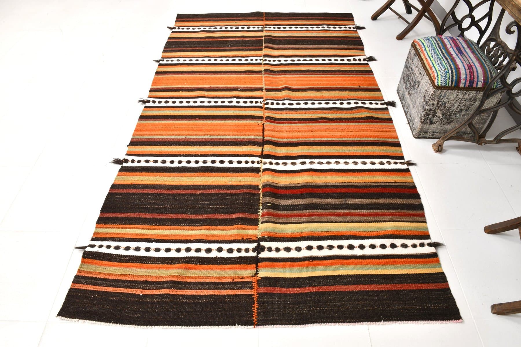 Kilim 150x267 cm, brązowy, pomarańczowy, wełna, Turcja, lata 60. - 212658