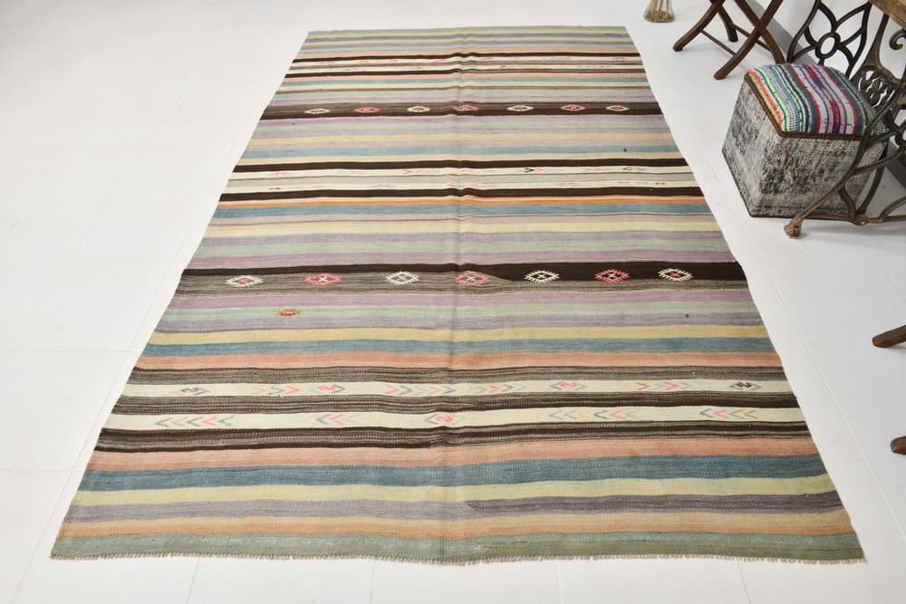 Kilim 186x310 cm, niebieski, beżowy, wełna, Turcja, lata 60. - 212727