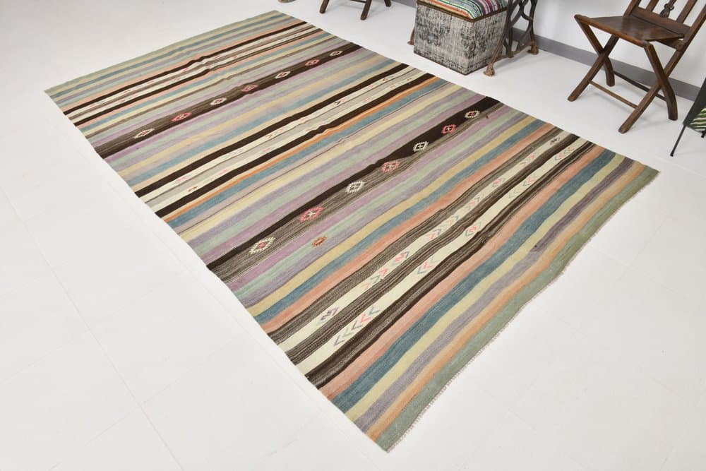 Kilim 186x310 cm, niebieski, beżowy, wełna, Turcja, lata 60. - 212726