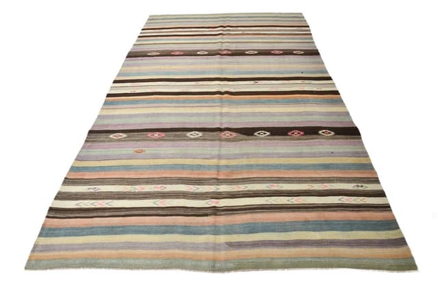 Kilim 186x310 cm, niebieski, beżowy, wełna, Turcja, lata 60. - WYMIARY