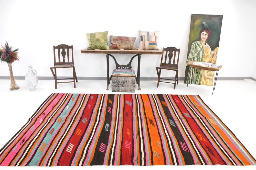 Kilim 179x283 cm, czerwony, różowy, wełna, lata 70. - 212706