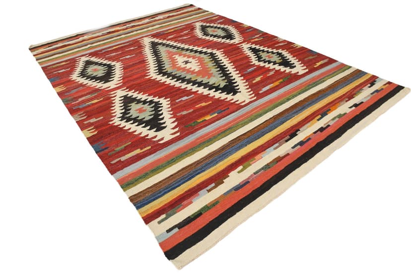 Kilim 373x279 cm, czerwony, wielokolorowy, wełna, Turcja, lata 60.