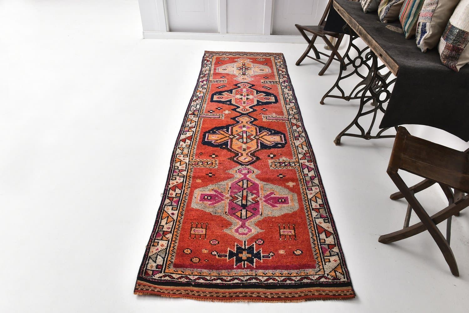 Chodnik 332x103 cm, czerwony, brązowy, wełna, lata 70. - 212846