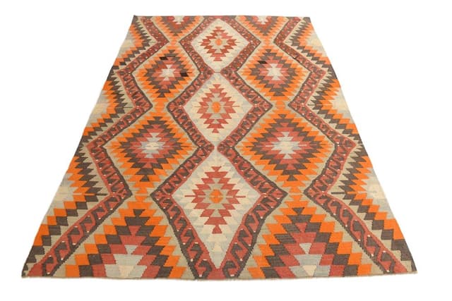 Kilim 178x267 cm, pomarańczowy, brązowy, wełna, lata 70. - WYMIARY