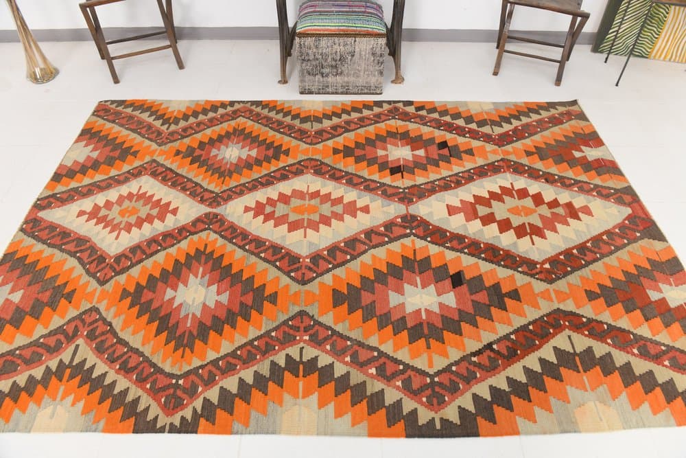 Kilim 178x267 cm, pomarańczowy, brązowy, wełna, lata 70. - 213078
