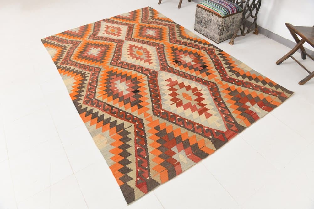 Kilim 178x267 cm, pomarańczowy, brązowy, wełna, lata 70. - 213074