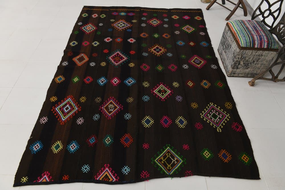 Kilim 252x171 cm, brązowy, różowy, wełna, lata 70. - 213314
