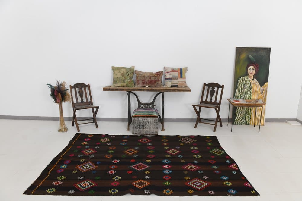 Kilim 252x171 cm, brązowy, różowy, wełna, lata 70. - 213316