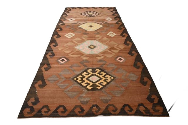 Kilim 174x398 cm, brązowy, różowy, wełna, lata 70. - WYMIARY