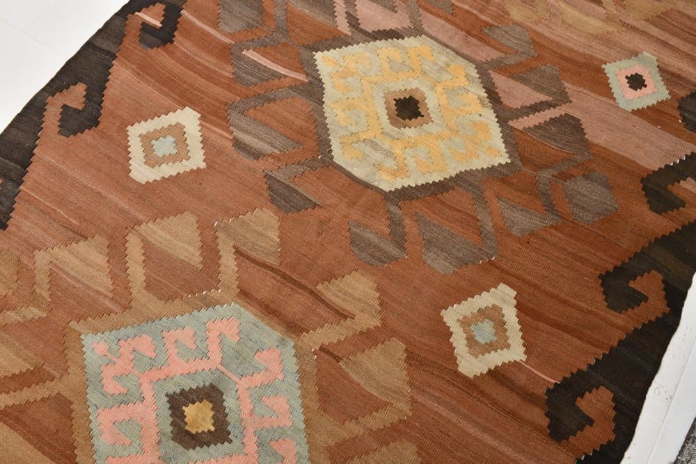 Kilim 174x398 cm, brązowy, różowy, wełna, lata 70. - 213277