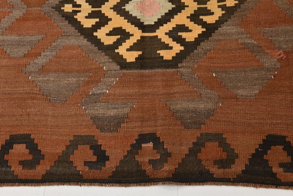 Kilim 174x398 cm, brązowy, różowy, wełna, lata 70. - 213281