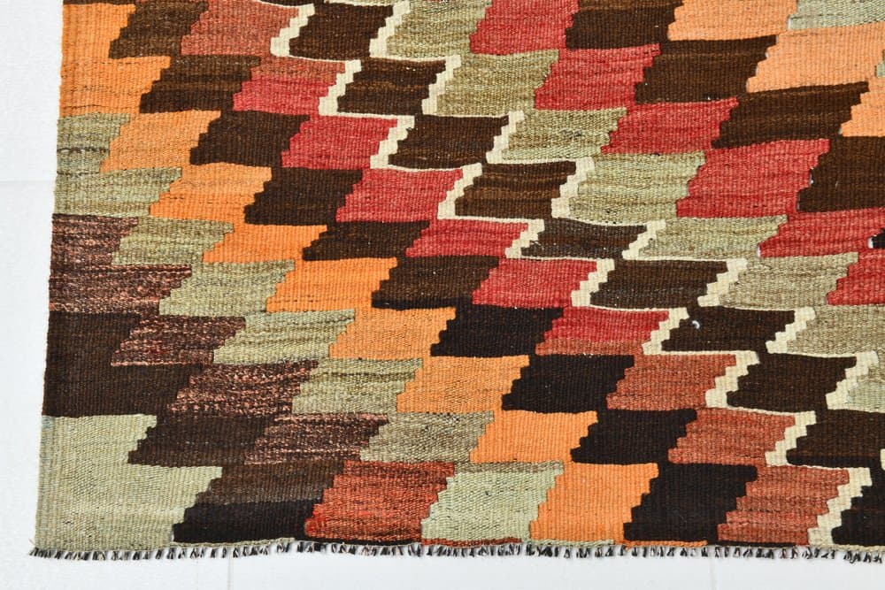 Kilim 225x176 cm, brązowy, czerwony, wełna, lata 70. - 213534