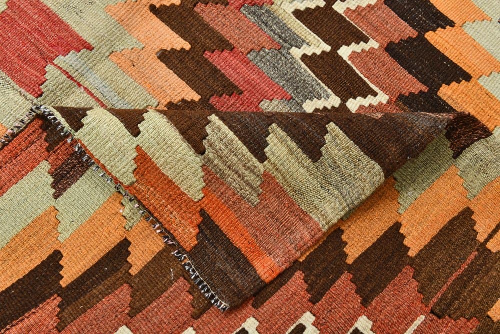 Kilim 225x176 cm, brązowy, czerwony, wełna, lata 70. - 213528