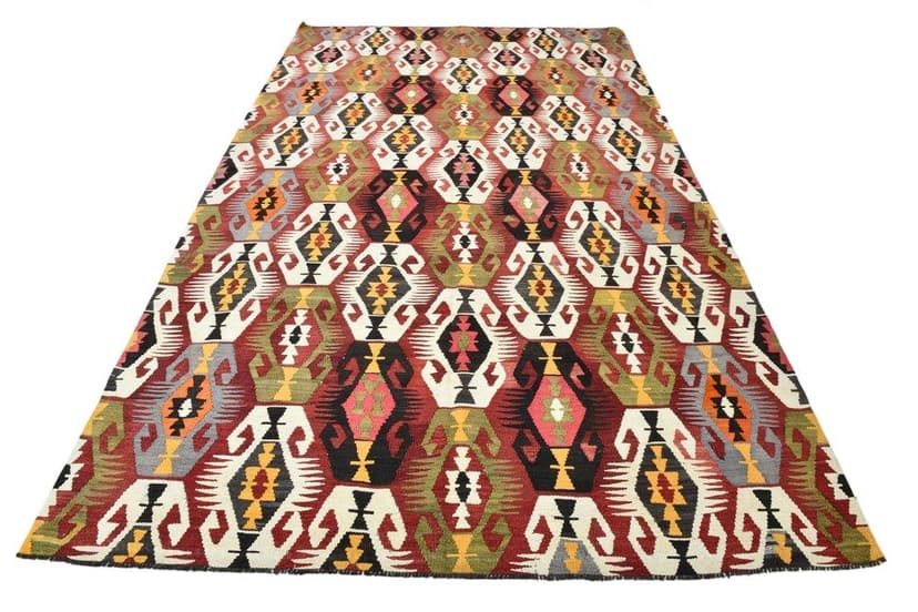 Dywan 196x329 cm, czerwony, zielony, wełna, lata 70.