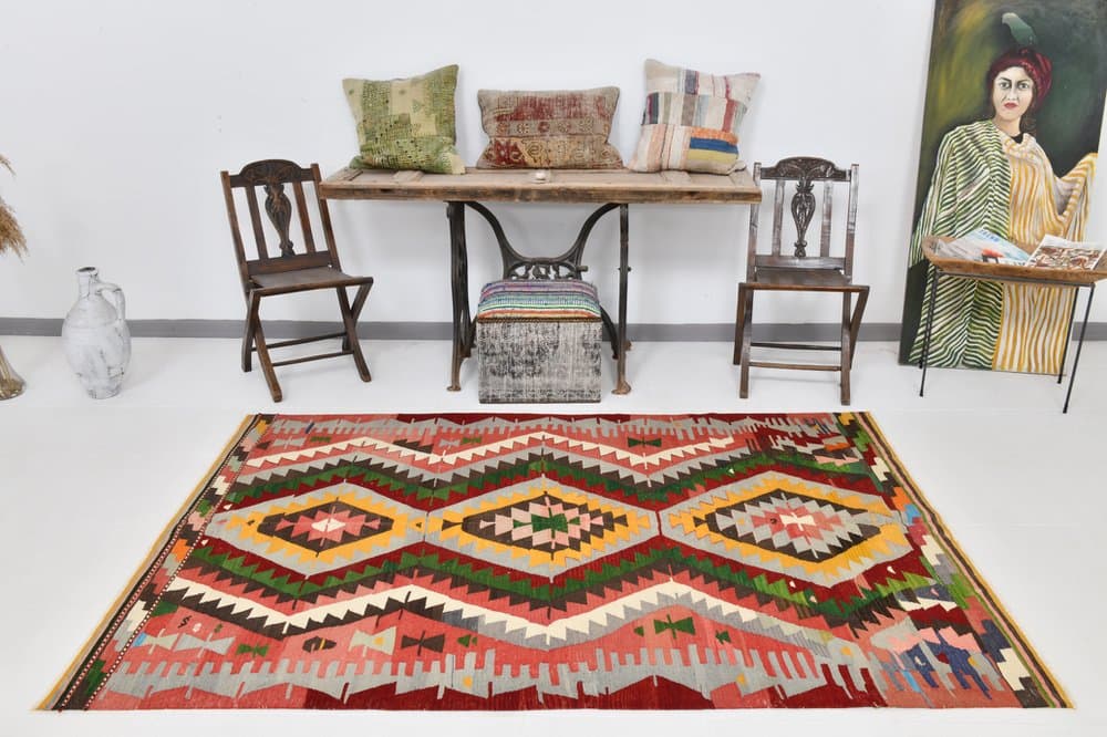 Kilim 232x155 cm, beżowy, wełna, Turcja, lata 60. - 213448