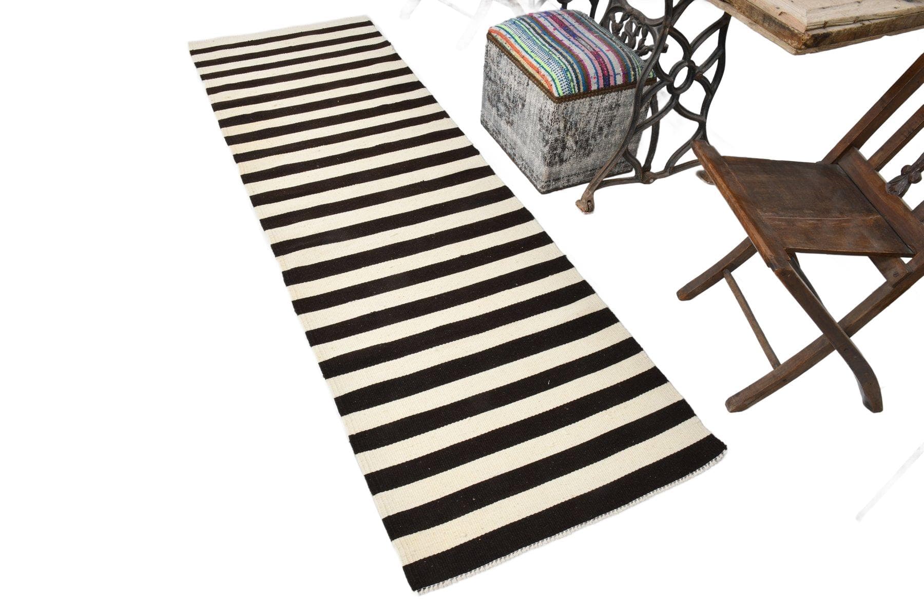 Kilim Runner 248x78 cm, Black, Ivory, Wool, 1970s - 213421