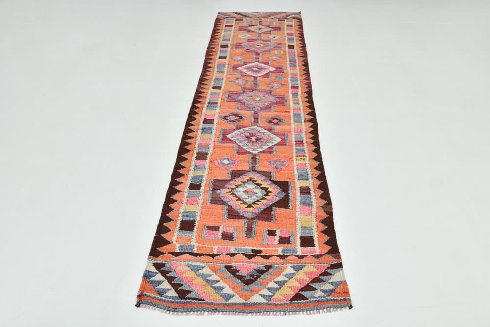 Chodnik kilimowy 303x82 cm, różowy, beżowy, wełna, Turcja, lata 70. - 213568