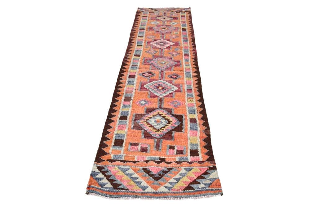 Chodnik kilimowy 303x82 cm, różowy, beżowy, wełna, Turcja, lata 70.