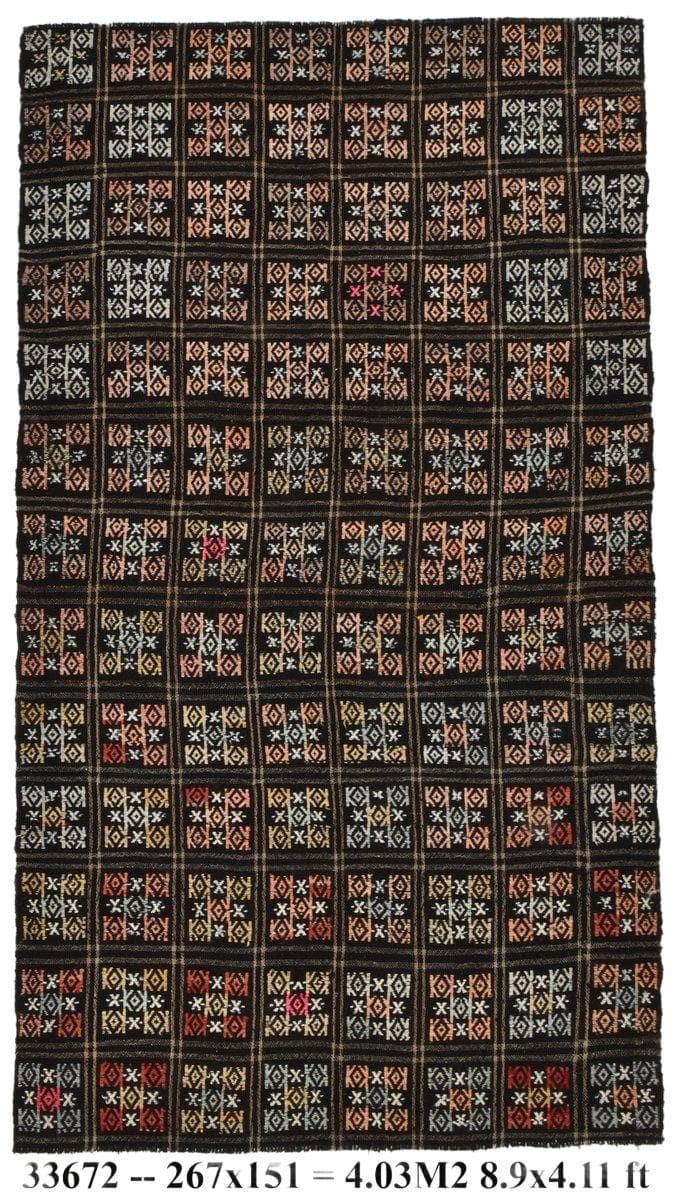 Kilim 151x267 cm, czarny, czerwony, wełna, Turcja, lata 60.