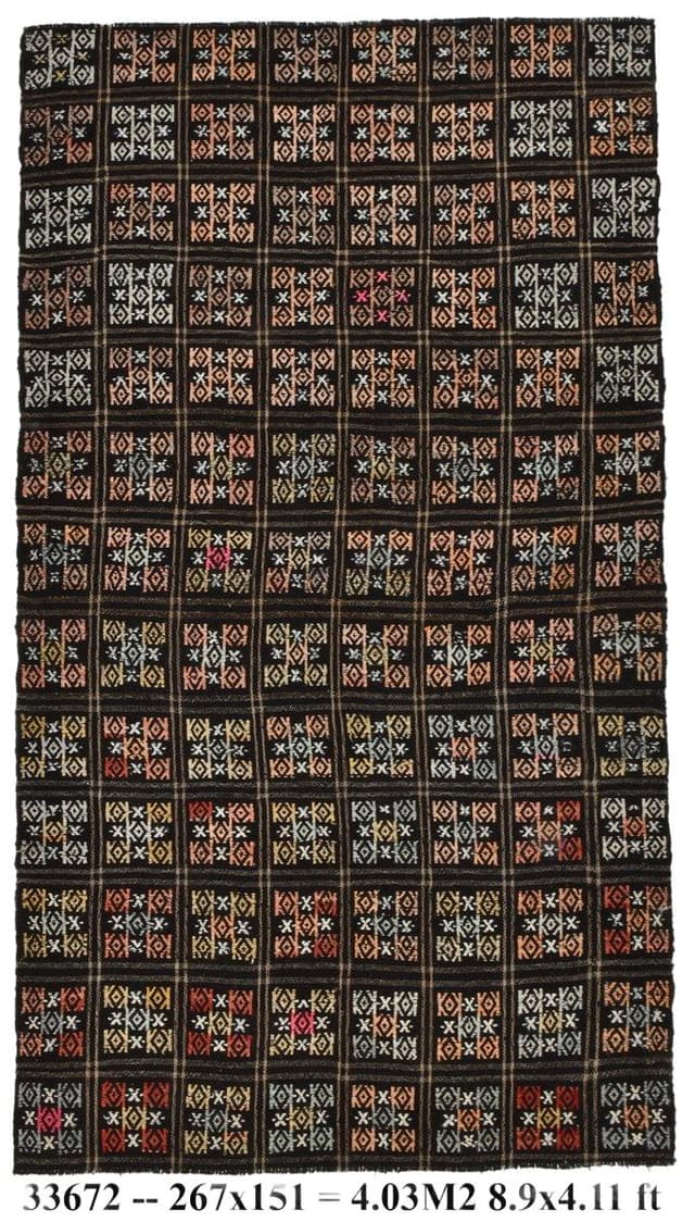 Kilim 151x267 cm, czarny, czerwony, wełna, Turcja, lata 60. - WYMIARY
